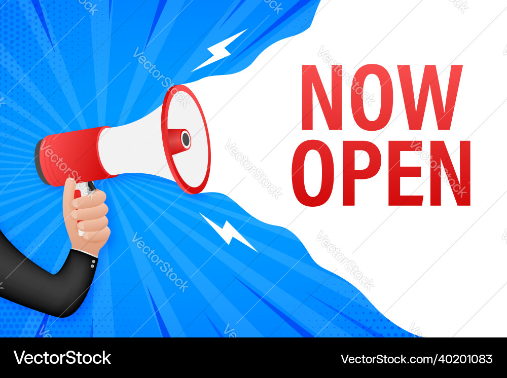 Megaphone with now open banner web Megaphone with now open banner web Vector Image