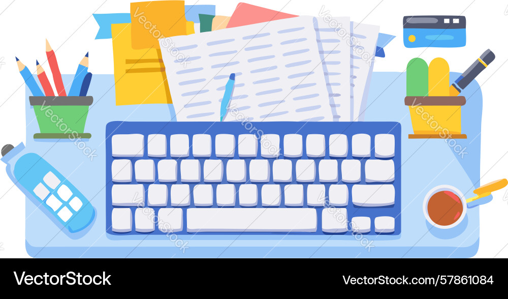 Cluttered desktop with keyboard documents Vector Image