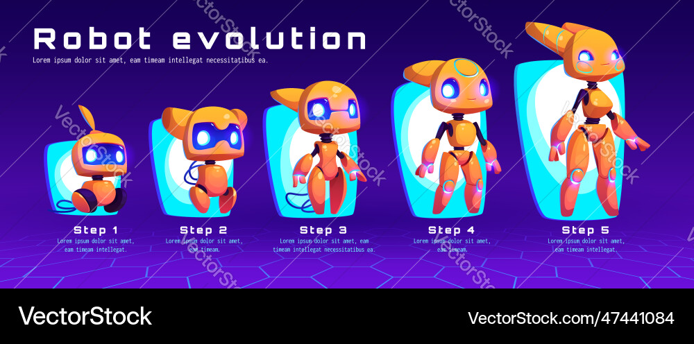 Cute ai robot character level evolution for game Cute ai robot character level evolution for game vector image