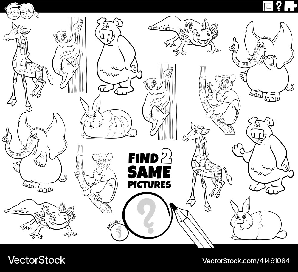 Find two same cartoon animals game coloring book vector image