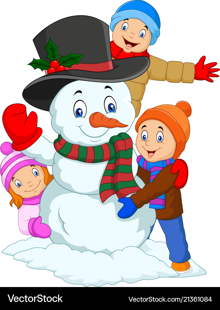 Kids Playing with Snowman - Festive Winter Scene Vector Image