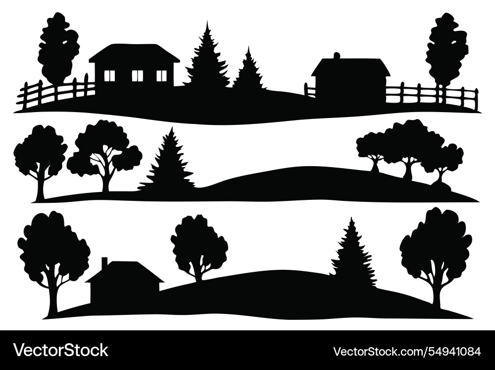 Rural landscape silhouettes set isolated flat Rural landscape silhouettes set isolated flat vector image