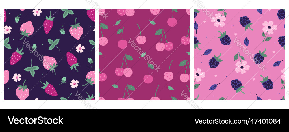 Set of seamless patterns with strawberries Set of seamless patterns with strawberries vector image