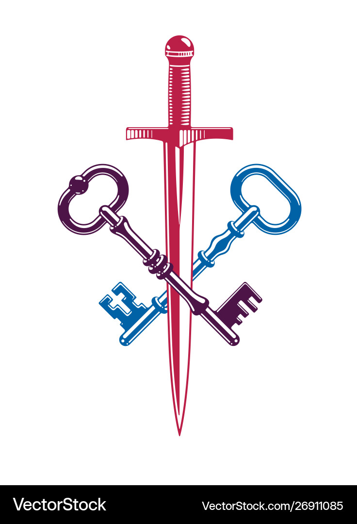 Crossed keys and dagger symbol emblem turnkeys Crossed keys and dagger symbol emblem turnkeys vector image