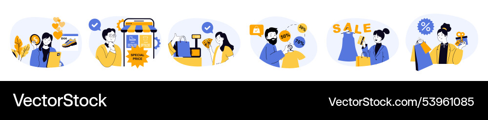 Shopping concept set with characters in flat Shopping concept set with characters in flat vector image