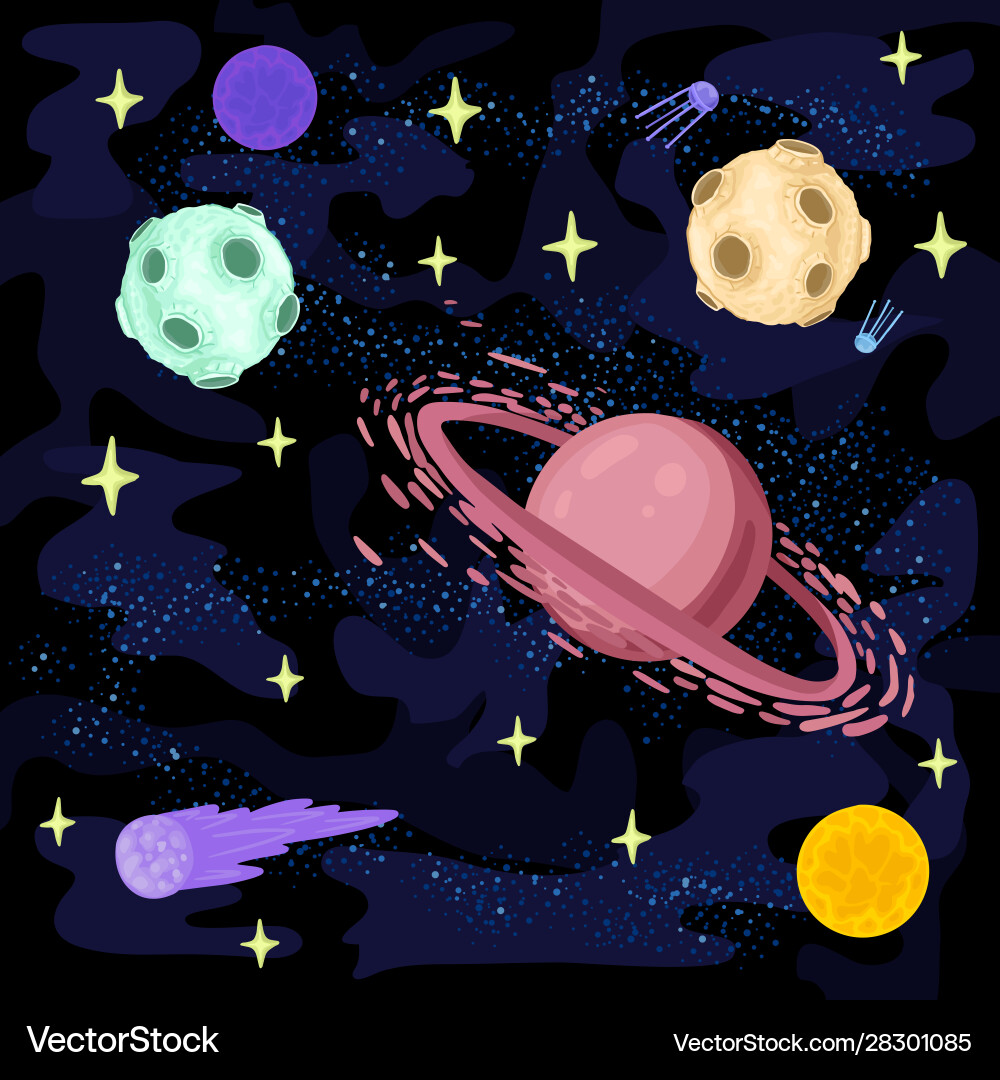 Weltraumplaneten und Satelliten im Dunkeln Weltraumplaneten und Satelliten im Dunkeln vektorbild