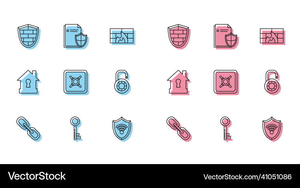 Set line chain link key shield with cyber Vector Image