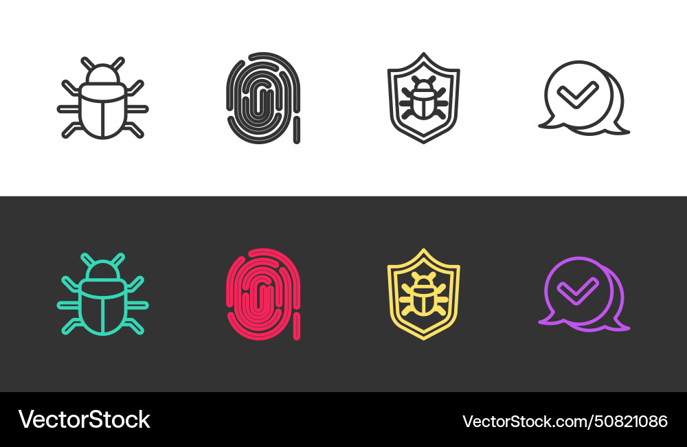 Set line system bug fingerprint and check mark Set line system bug fingerprint and check mark vector image