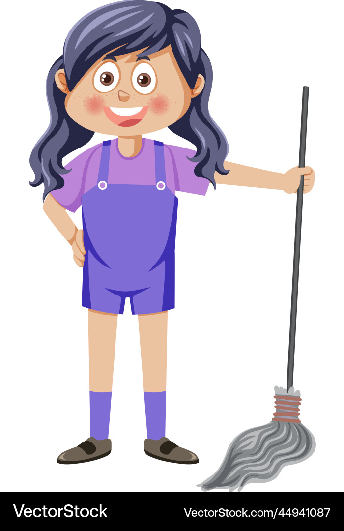 Cartoon girl holding mop for cleaning Cartoon girl holding mop for cleaning vector image