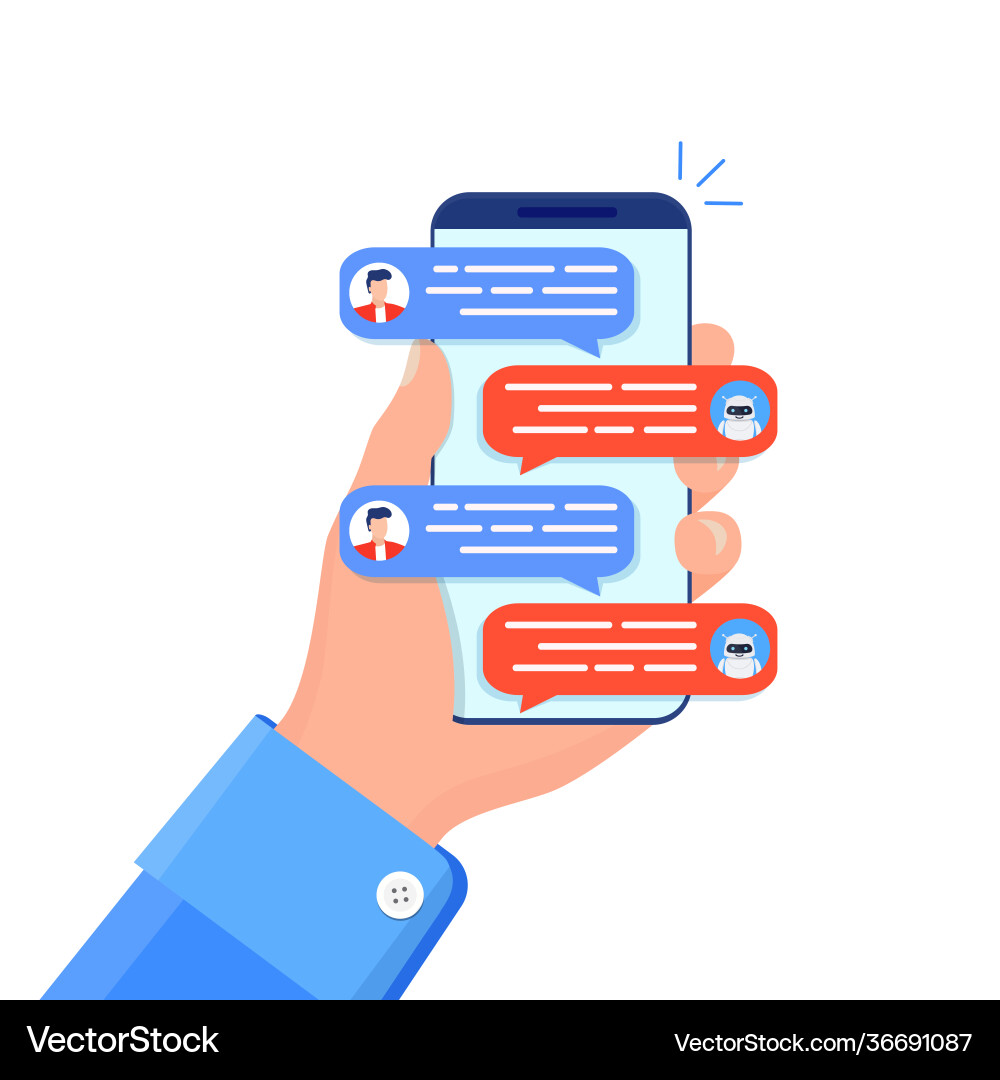 Man chatting with chat bot on smartphone Man chatting with chat bot on smartphone vector image
