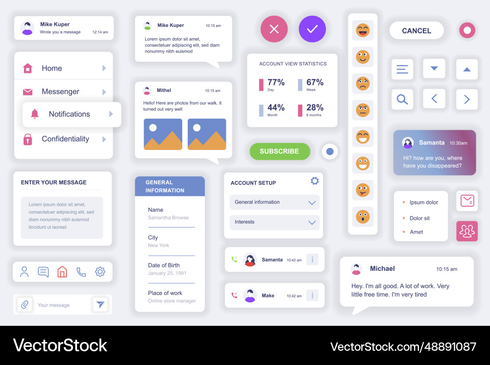 User interface elements set for messenger mobile vector image