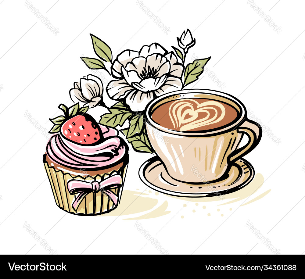 Coffee with peonies and cupcake Coffee with peonies and cupcake vector image
