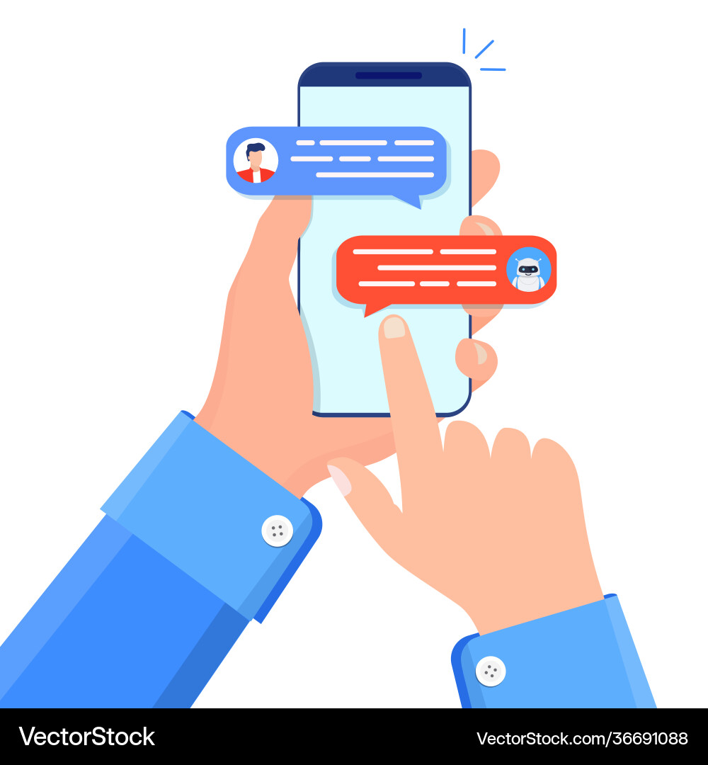 Man Chat mit Chat-Bot auf Smartphone Man Chat mit Chat-Bot auf Smartphone vektorbild