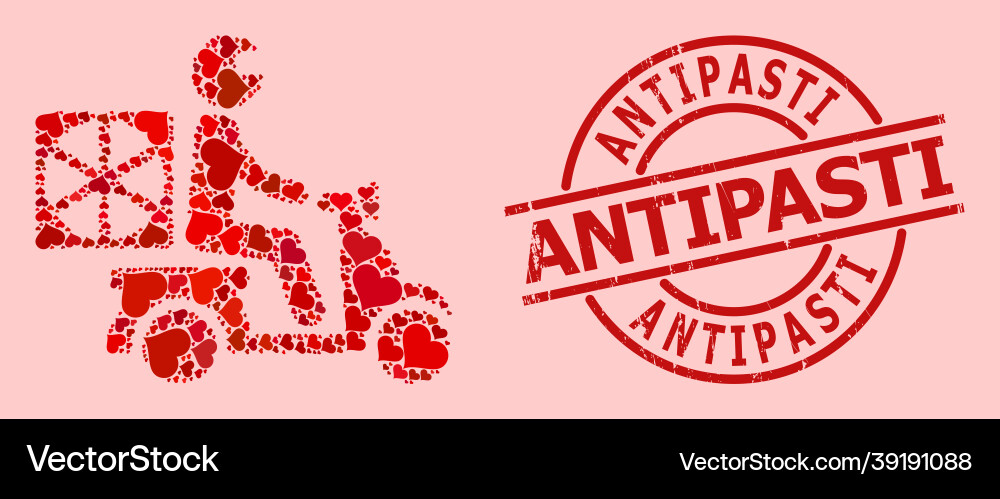 Textured antipasti stamp seal and red love pizza Textured antipasti stamp seal and red love pizza Vector Image