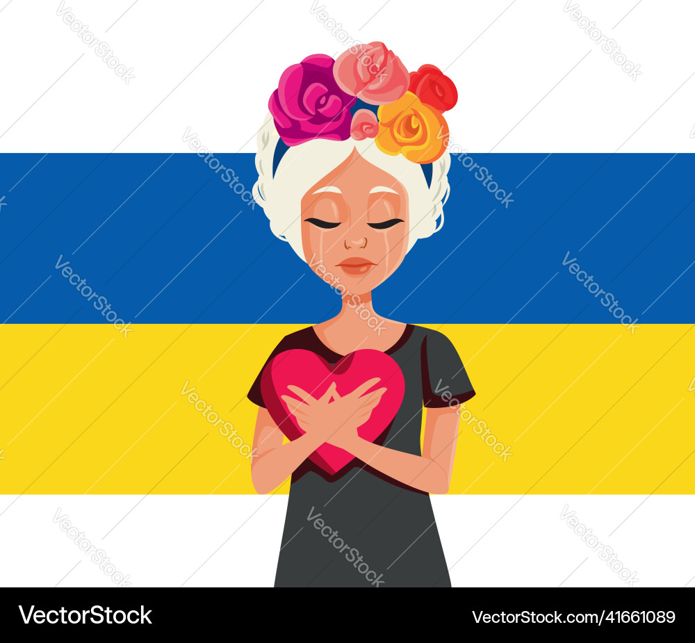 Crying ukrainian woman holding a heart symbol Crying ukrainian woman holding a heart symbol vector image