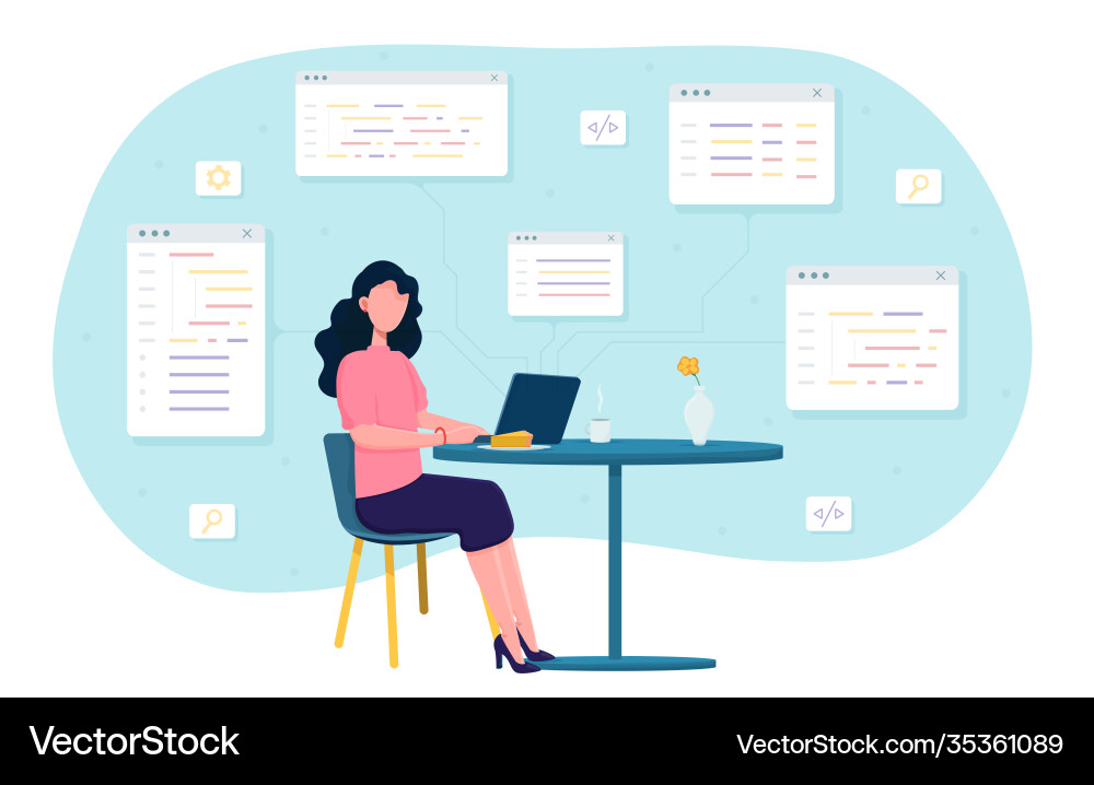 Female Programmer Coding on Laptop vector image