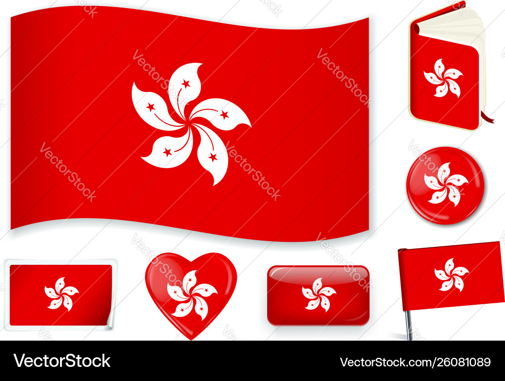 Hong kong flag wave book circle pin button Vector Image
