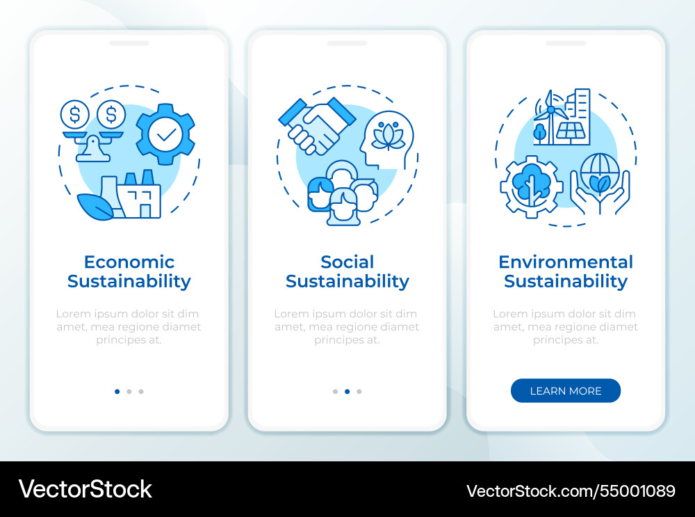 Sustainability pillars blue onboarding mobile app Sustainability pillars blue onboarding mobile app vector image
