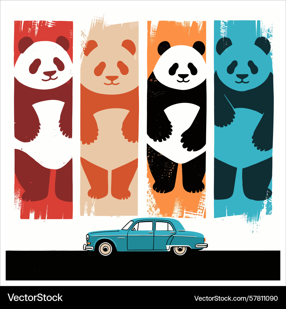 Four stylized pandas in different colors standing Vector Image
