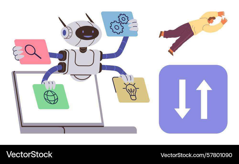 Robot multitasking with data and technology icons Robot multitasking with data and technology icons vector image