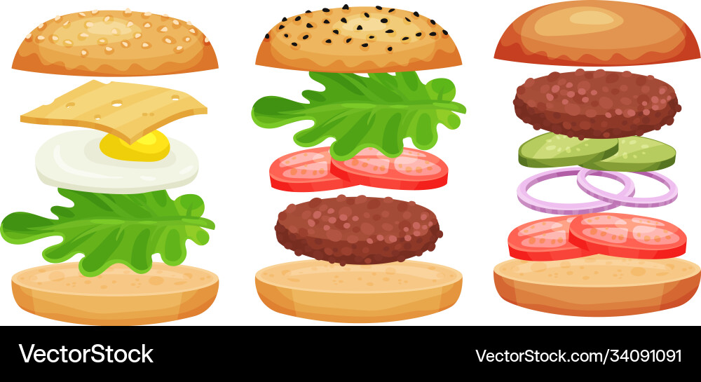 Burger with floating layer ingredients as fast Burger with floating layer ingredients as fast vector image