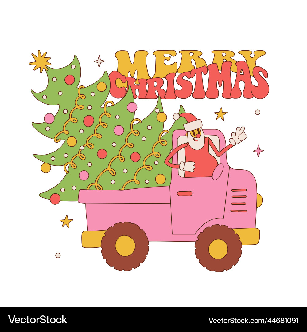 Christmas retro groovy truck with santa claus Christmas retro groovy truck with santa claus vector image