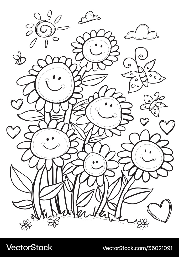 Cute Sunflowers with Hearts & Butterflies Vector Image