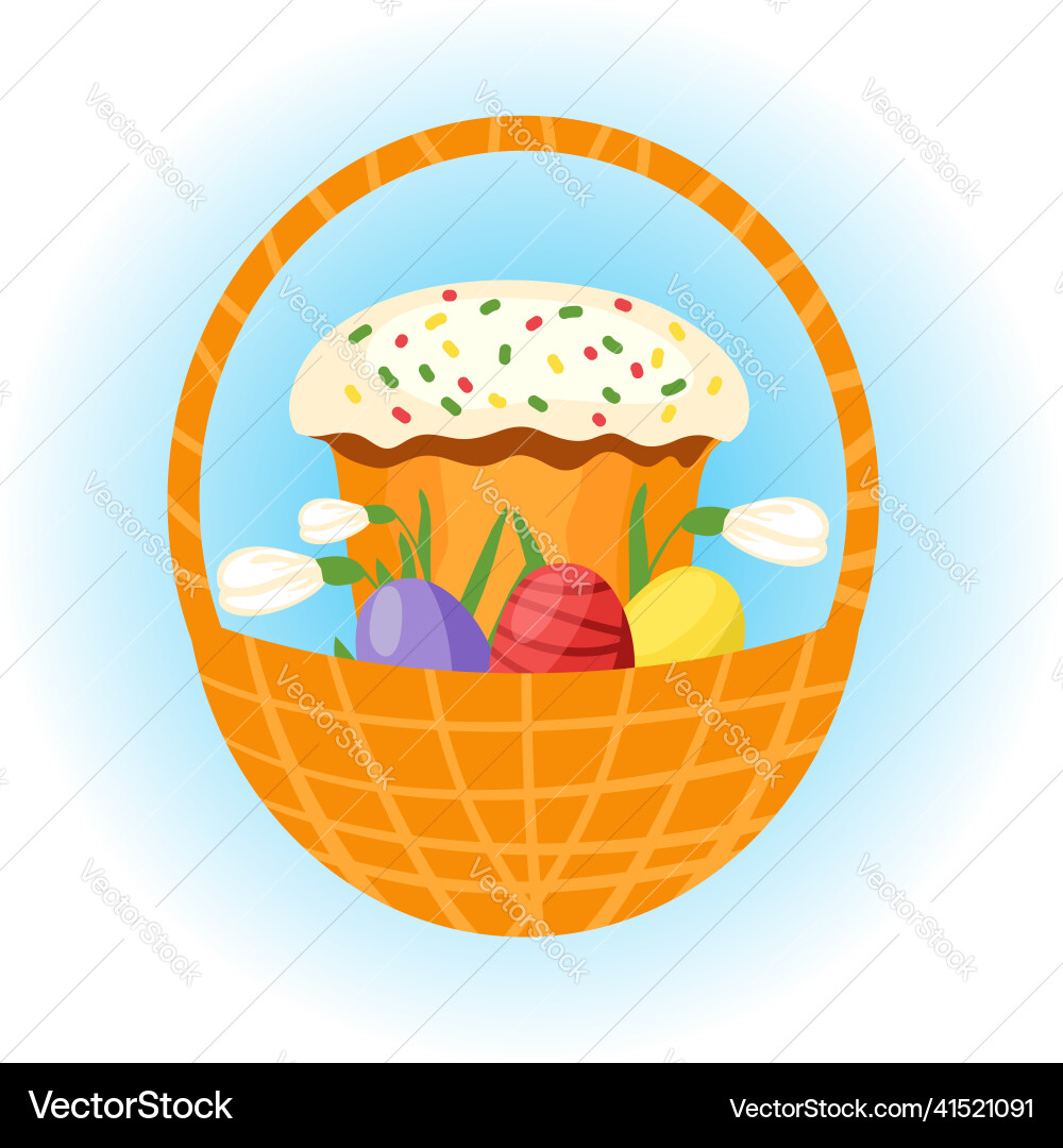 Orthodox easter cake and colorful eggs in basket Vector Image