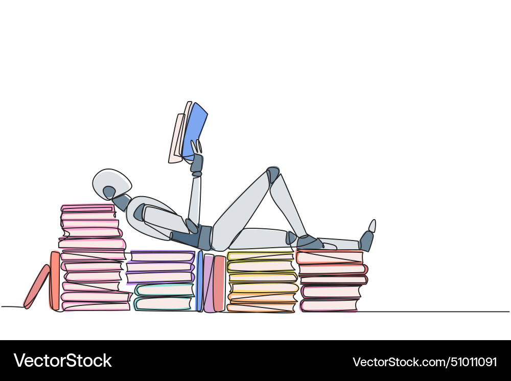 Single one line drawing robot lying down Single one line drawing robot lying down vector image