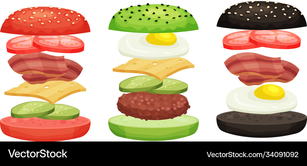 Burger with floating layer ingredients as fast Burger with floating layer ingredients as fast Vector Image