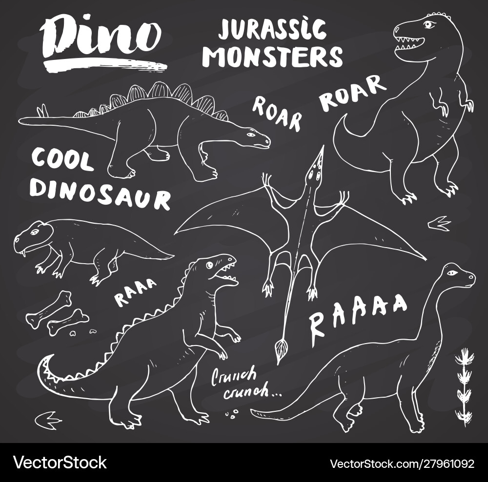 Cute Dino Doodles - Chalkboard Style Vector Image