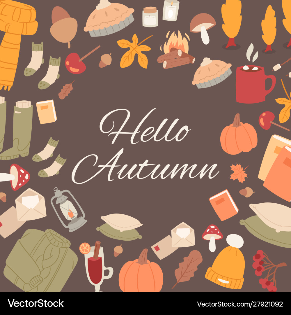 Hello autumn set fall cute objects vector image