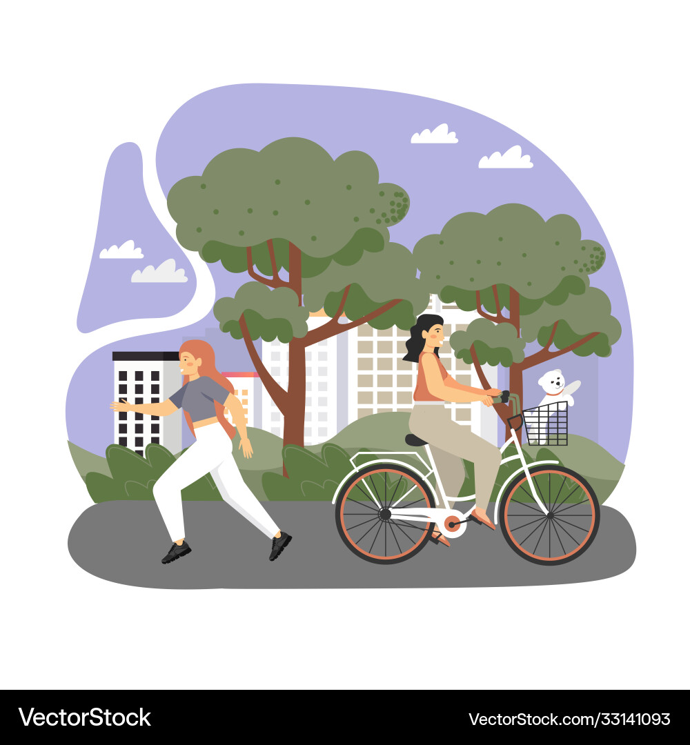 Glückliche weibliche Charaktere die Fahrrad fahren und laufen Glückliche weibliche Charaktere die Fahrrad fahren und laufen vektorbild