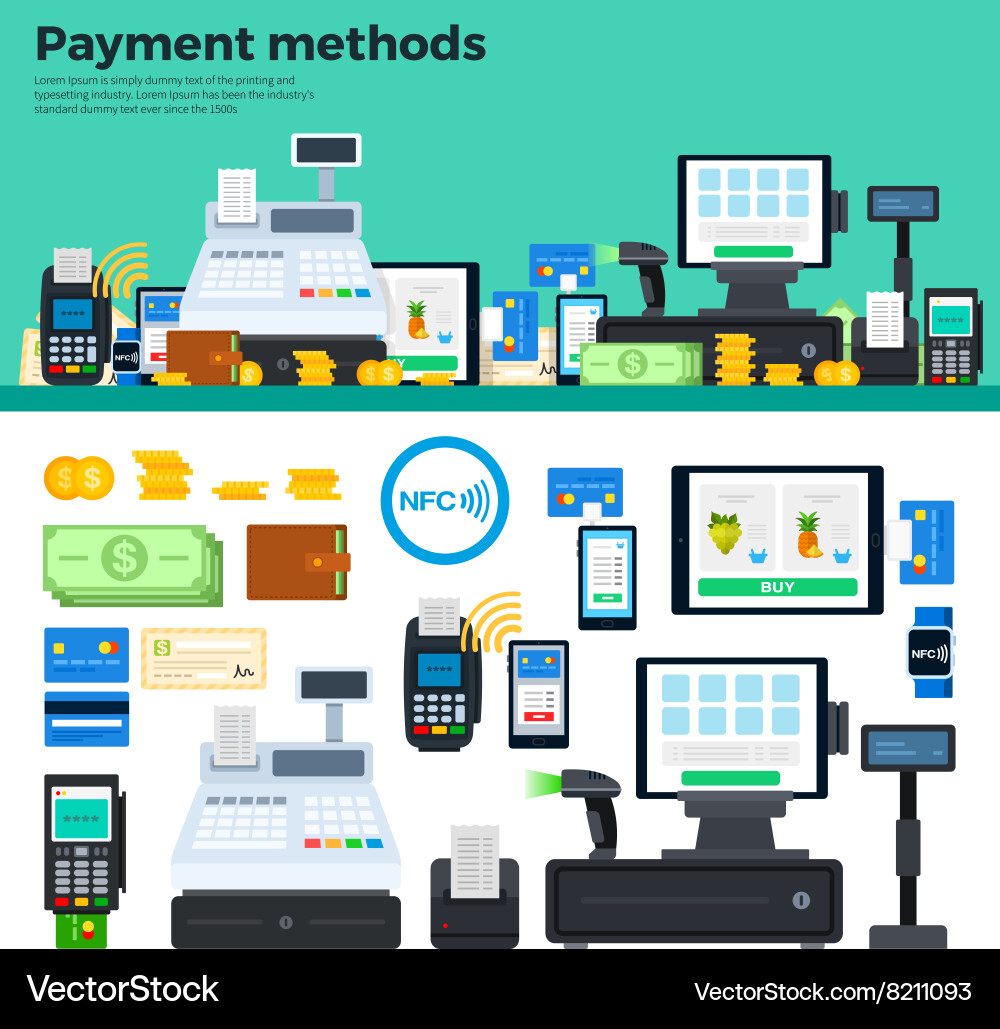 Payment methods with devices on the table vector image