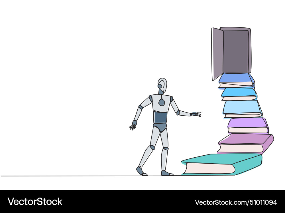 Continuous one line drawing robot climb stairs Continuous one line drawing robot climb stairs vector image