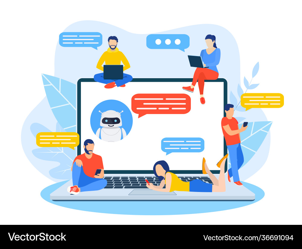 Talking to a chatbot online on laptop computer Talking to a chatbot online on laptop computer vector image