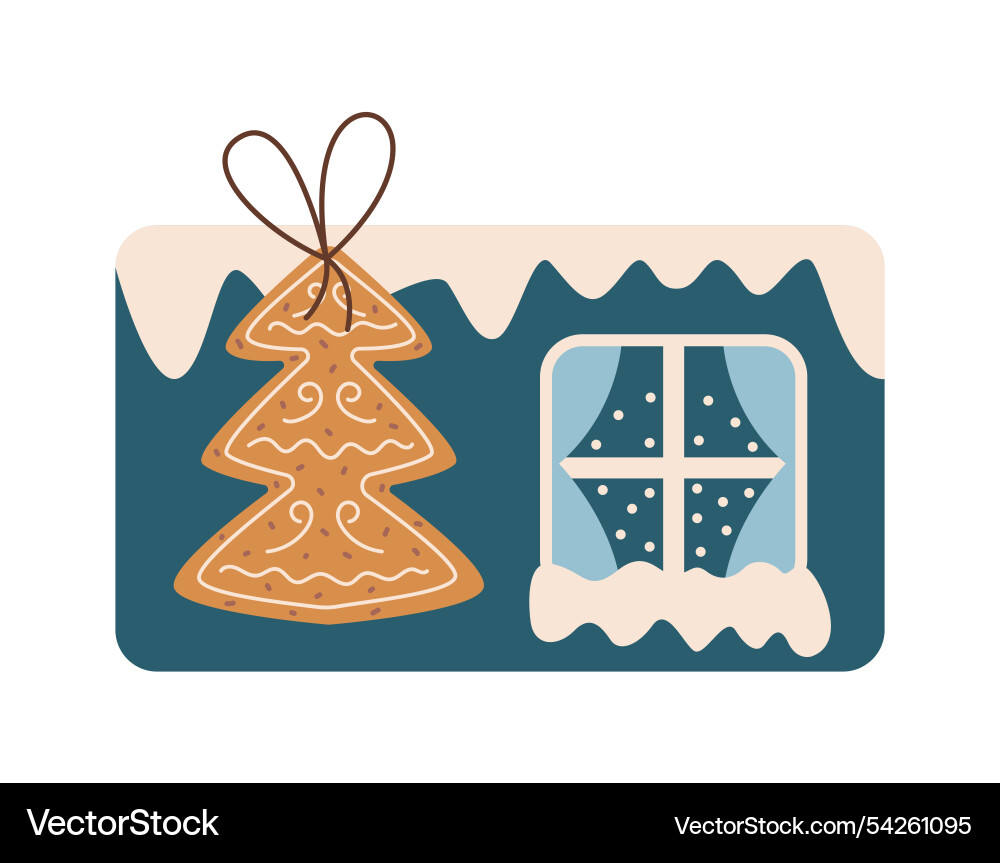 Card with snowy window and gingerbread flat object Card with snowy window and gingerbread flat object vector image