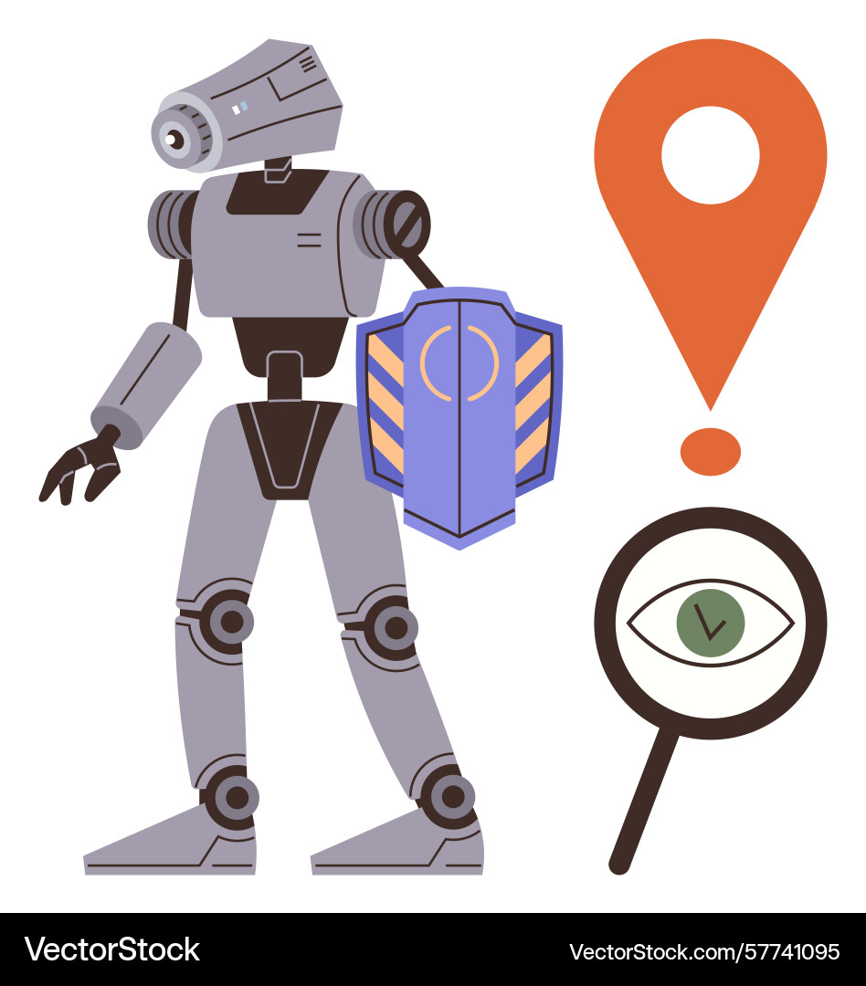 Futuristic robot with shield eye in magnifying Vector Image