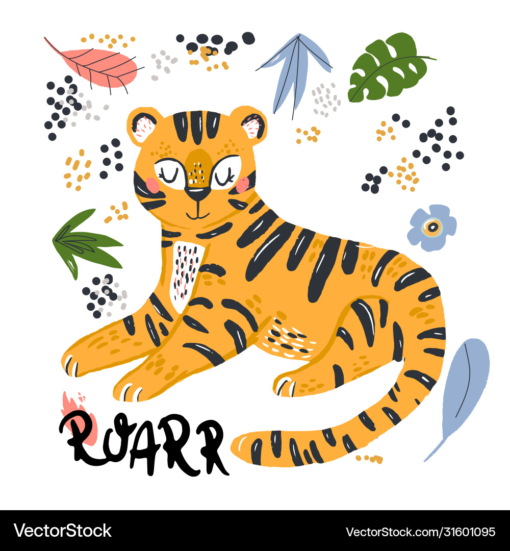Poster with cute tiger and tropical plants Poster with cute tiger and tropical plants vector image