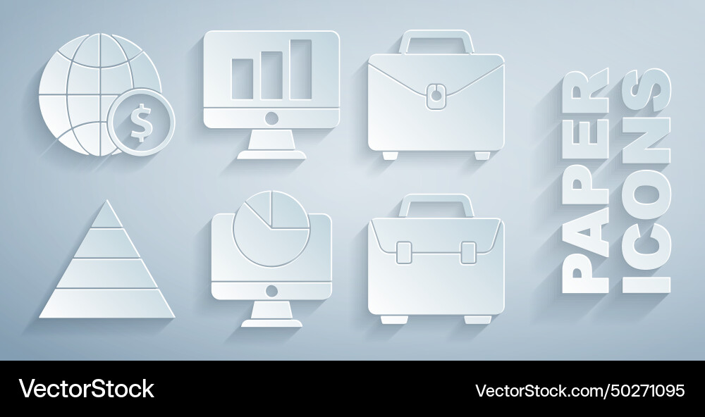Set computer monitor with graph chart briefcase Set computer monitor with graph chart briefcase Vector Image