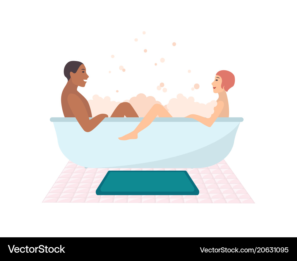 Young naked couple sitting in bathtub full of soap Young naked couple sitting in bathtub full of soap vector image