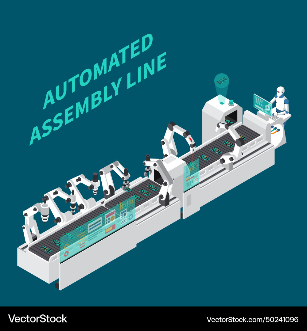 Assembly line isometric background Vector Image