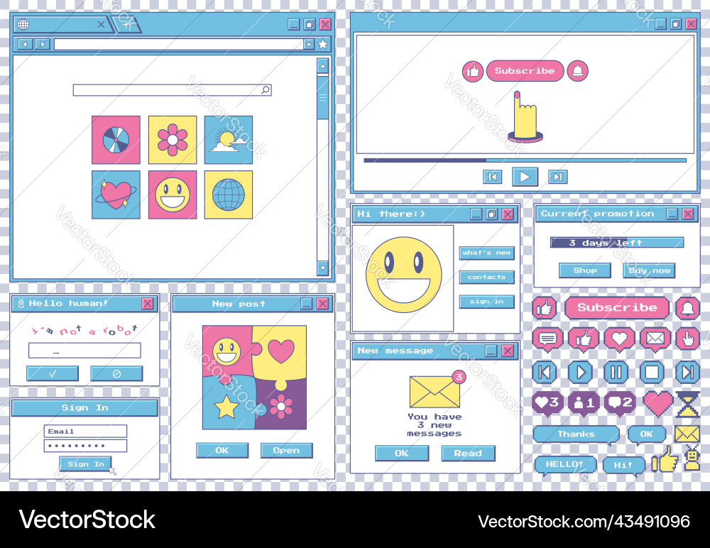 Big set of retro desktop browser and dialog Big set of retro desktop browser and dialog Vector Image