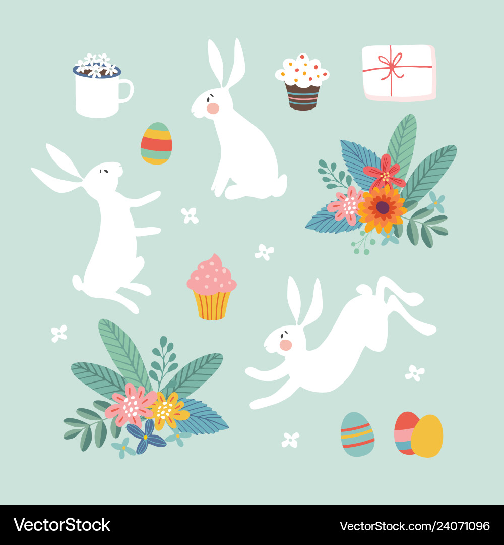 Cute easter set of white rabbits colorful Cute easter set of white rabbits colorful vector image