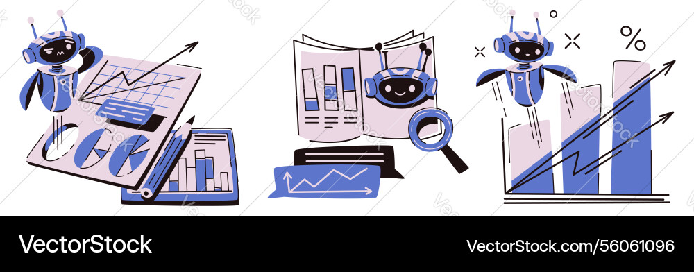 Robot Analytics Set - niedlicher Chatbot Assistent Robot Analytics Set - niedlicher Chatbot Assistent vektorbild