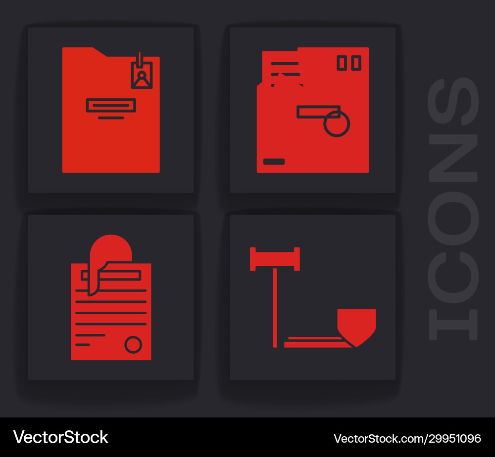 Set judge gavel with shield personal folder Set judge gavel with shield personal folder Vector Image