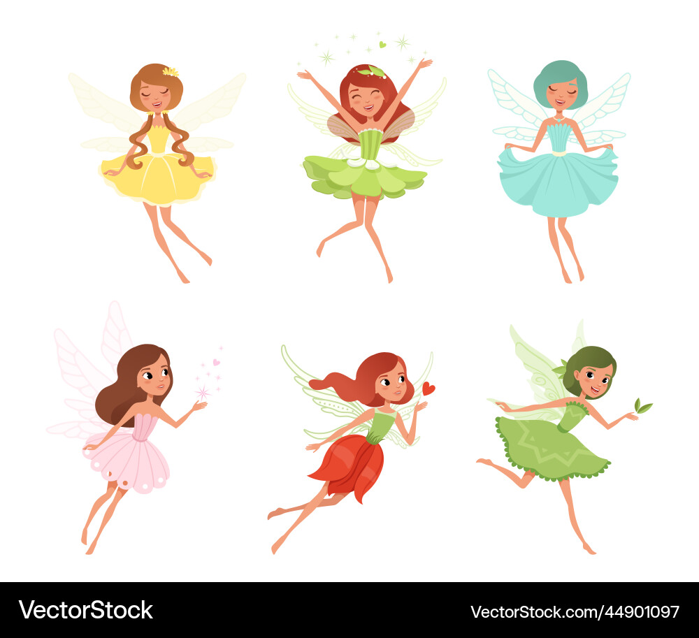 Cute beautiful little winged fairies set cartoon Cute beautiful little winged fairies set cartoon vector image