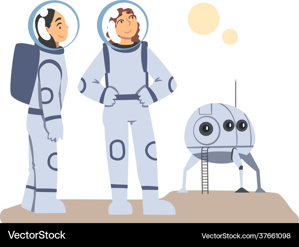 Astronauten in Raumanzügen die einen anderen Planeten erkunden Astronauten in Raumanzügen die einen anderen Planeten erkunden vektorbild