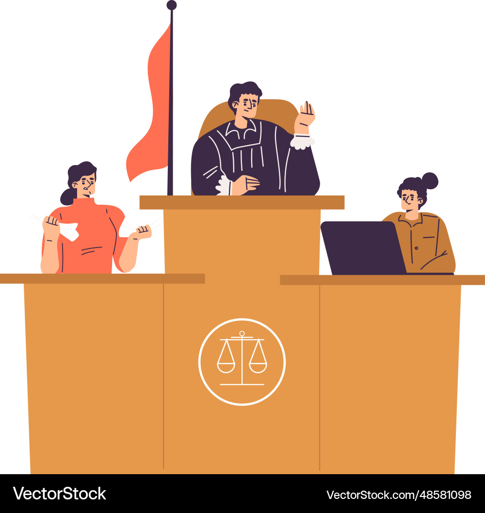 Litigation with man judge character at desk Litigation with man judge character at desk Vector Image