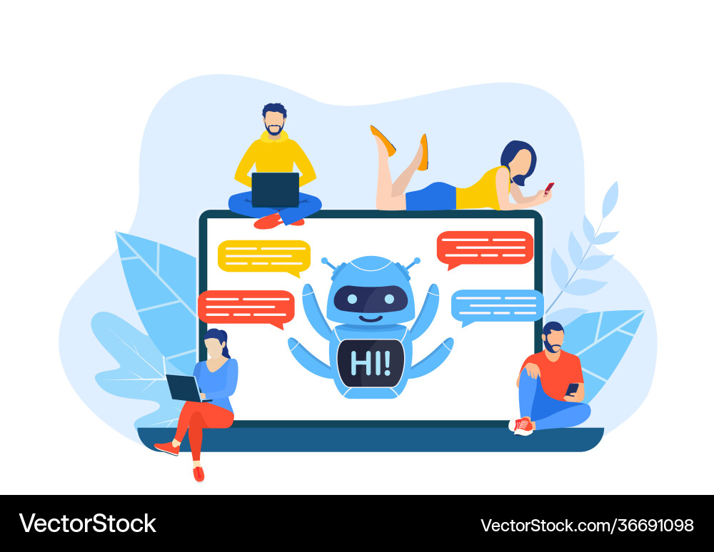 Talking to a chatbot online on laptop computer Talking to a chatbot online on laptop computer vector image